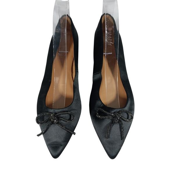 J. CREW! BLACK SATIN LOW HEEL GLITTERY BOW FRONT POINTY TOE FLATS! SZ 6.5M - Picture 4 of 10